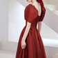Burgundy Satin Long Prom Dresses, A-Line Short Sleeve Evening Dresses Y1170