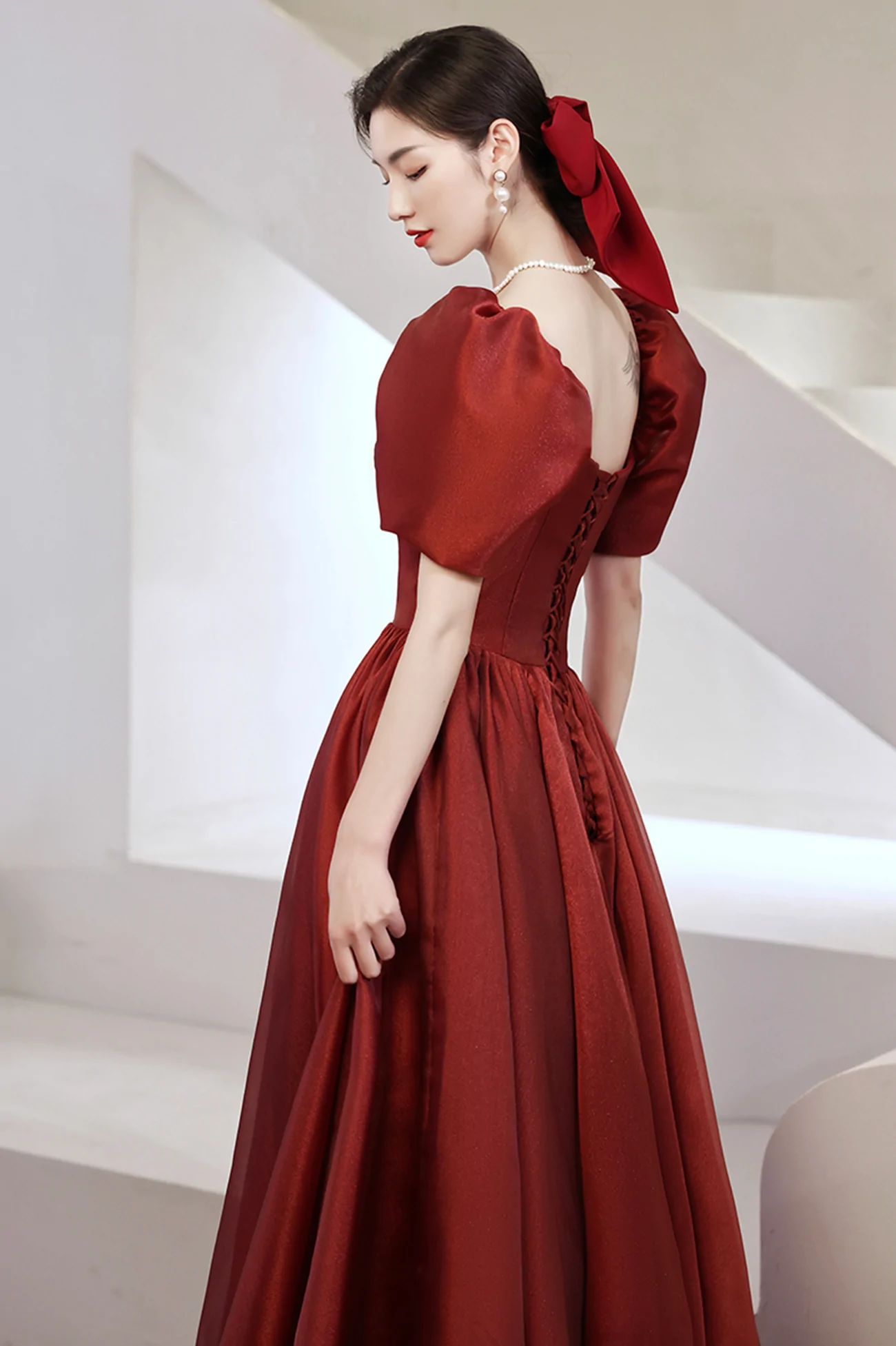 Burgundy Satin Long Prom Dresses, A-Line Short Sleeve Evening Dresses Y1170