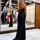 Fashion Mermaid V Neck Black Sequins Long Prom Dresses With Slit Y559