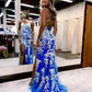 Junior Mermaid V Neck Blue Tulle And White Lace Long Prom Dresses with Slit Y1651