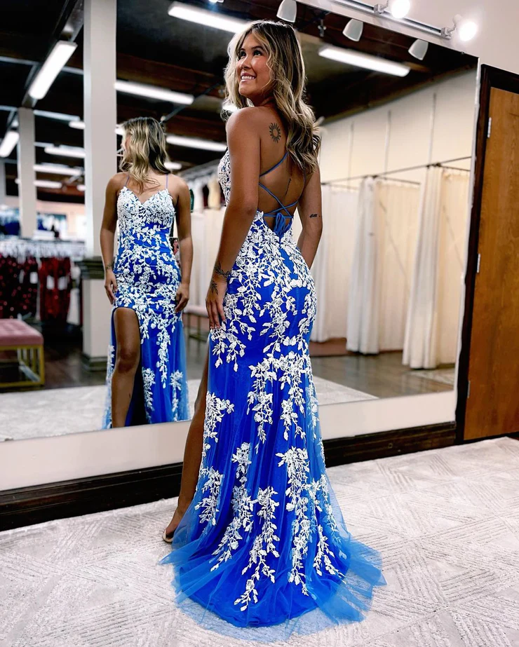 Junior Mermaid V Neck Blue Tulle And White Lace Long Prom Dresses with Slit Y1651