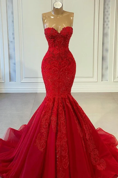 Exquisite Red Sweetheart Sleeveless Mermaid Prom Dresses Y858