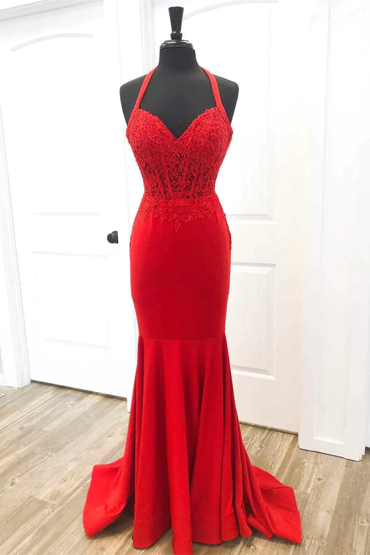 Elegant Red Halter Mermaid Prom Dress with Appliques Y925