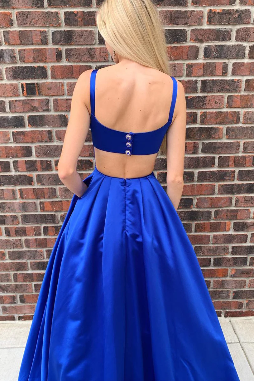 Hollow Out Royal Blue Satin Long Prom Dress Y1195
