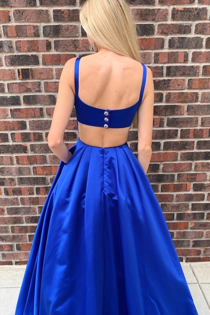 Hollow Out Royal Blue Satin Long Prom Dress Y1195