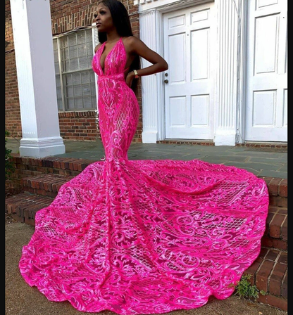 Women's Evening Dresses Long Black Lace Fuchsia African Prom Gowns Y873