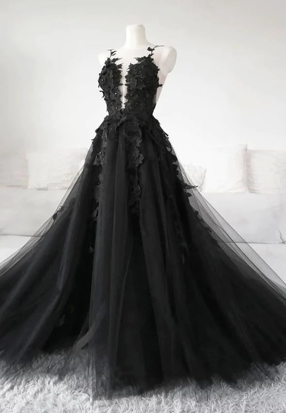 Elegant A-line Tulle Modest Prom Dress With Appliques Y1574