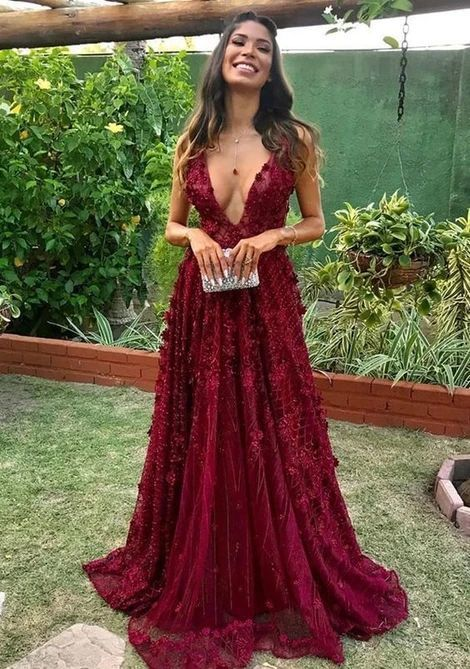 Charming A Line V Neck Burgundy Lace Prom Dresses, Chic Evening Party Dresses Y800