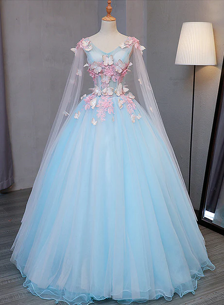 Beautiful Light blue Butterfly Lace Prom Dresses, Sweet 16 Formal Dresses Y1137