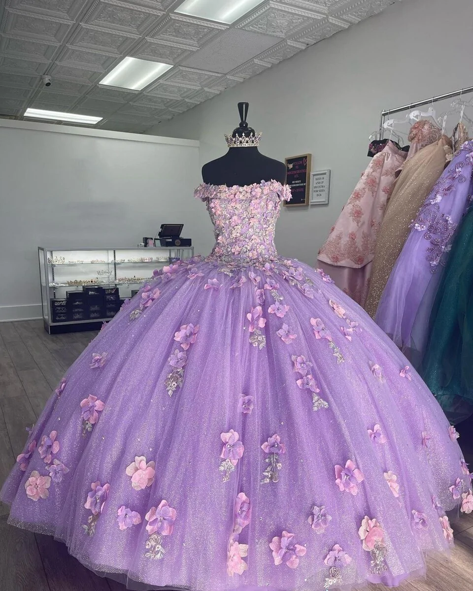 Applique Off Shoulder Shiny Elegant Tulle Ball Gown 3D Flowers Princess Dress Sweet 15th Y285