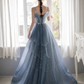 Blue Tulle Beaded Long A-Line Prom Dress, Blue Formal Evening Gown Y1579