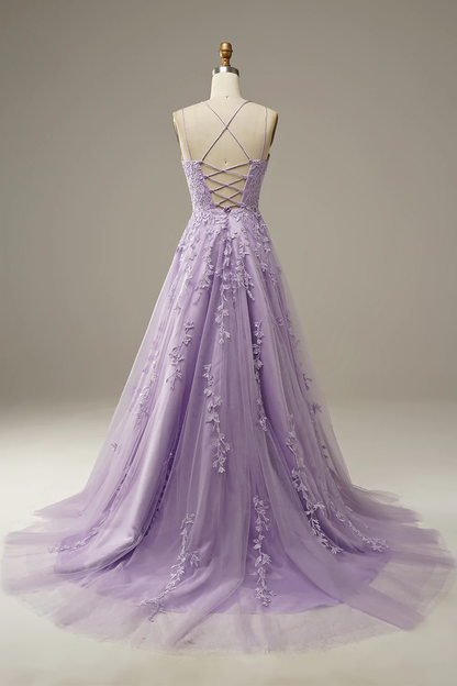 Pink Spaghetti Straps Tulle Appliques Prom Dress Senior Prom Dress Y40