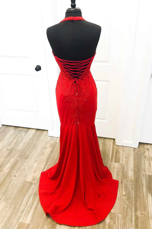 Elegant Red Halter Mermaid Prom Dress with Appliques Y925