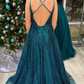 Glitter A-Line Teal Long Prom Dress with Spaghetti Straps Y339
