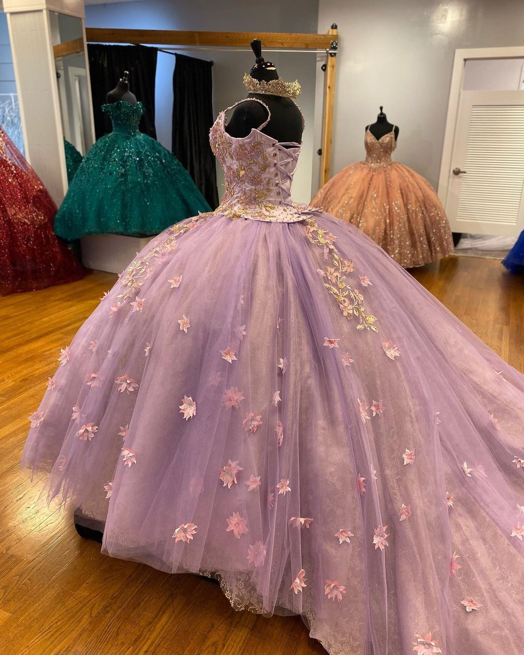 Pretty Spaghetti Straps 3D Flowers Adorned Court Train Quinceanera Ball Gown Lace Inside Y1247