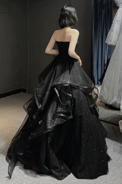 Black tulle long prom dress A line evening gown Y74