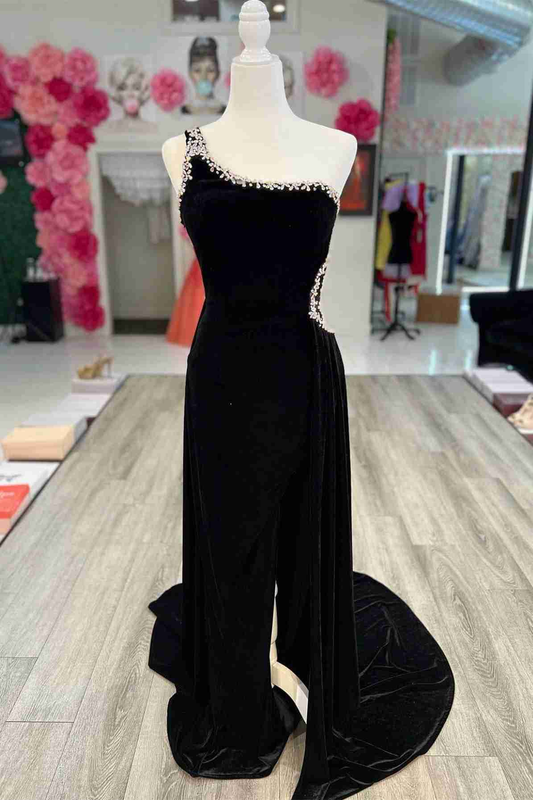 Beaded One Shoulder Black Velvet Long Formal Dress,Sexy Evening Dress Y1791