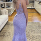 Lavender Appliques Plunge V Backless Mermaid Long Prom Dress Y1738