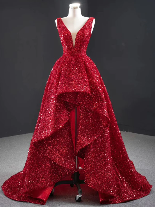 V-neck Long A-line Hi-low Red Sequin Prom Dresses, Long Prom Dresses Y763