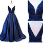 Women's Long Evening Dress Navy Blue V-Neck Sleeveless Open Back Beaded Formal Evening Dress Y1193