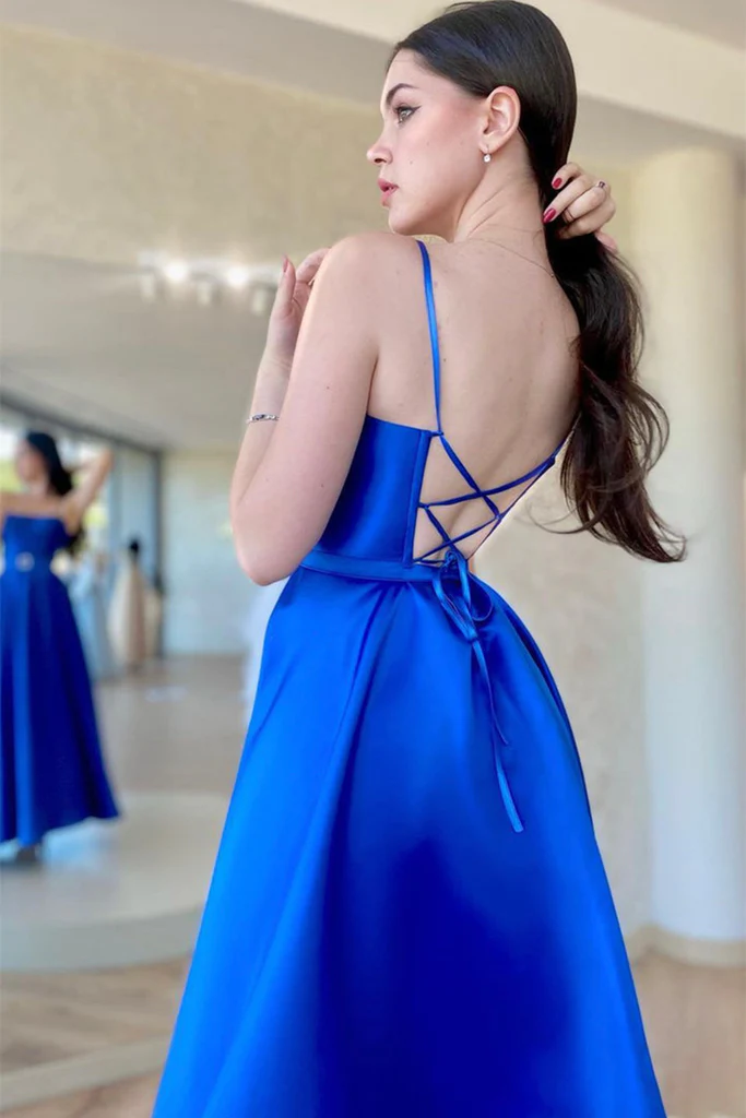 Backless Royal Blue Satin Long Prom Dress with High Slit, Backless Blue Formal Graduation Evening Dress Y203
