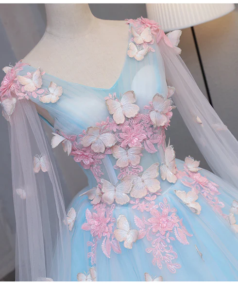 Beautiful Light blue Butterfly Lace Prom Dresses, Sweet 16 Formal Dresses Y1137