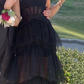 Elegant A-line Layered Tulle Black Prom Dress,Sheer Corset Long Evening Dress,Graduation Dress Y1765