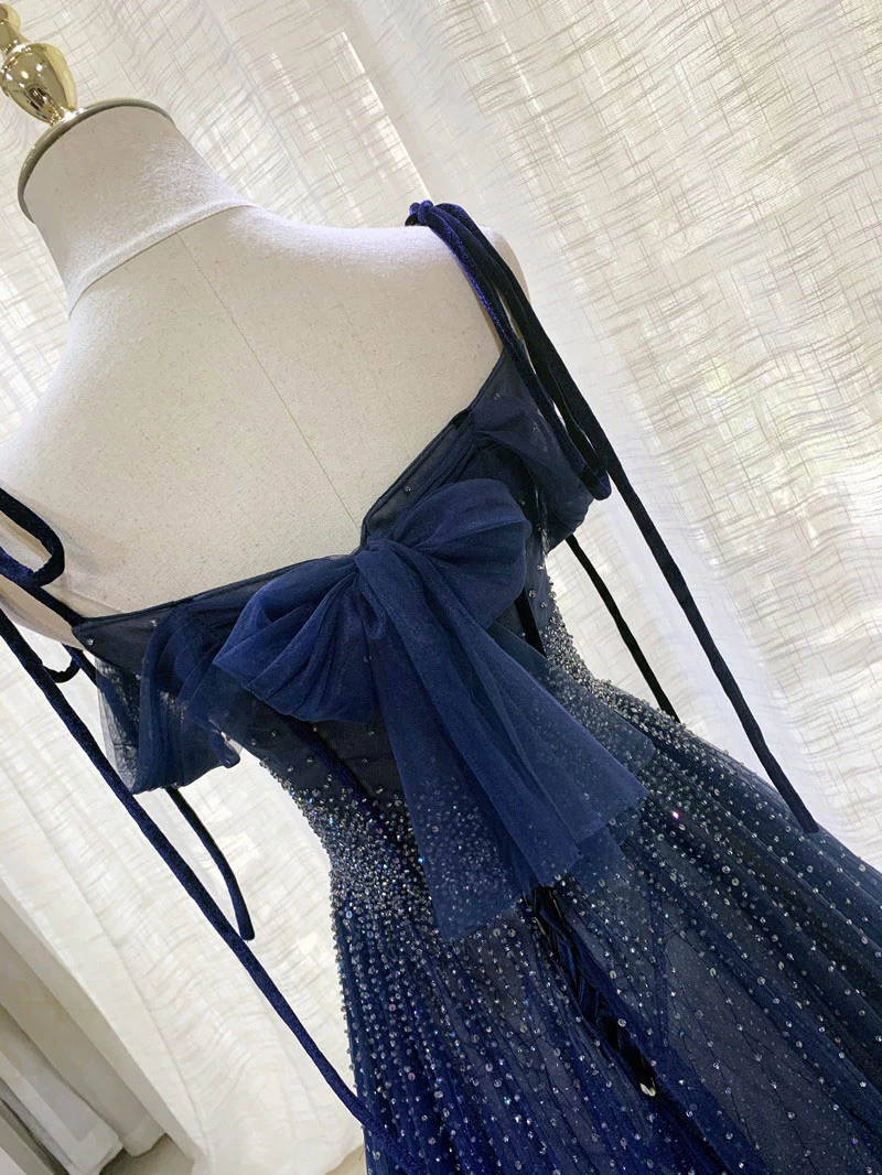 Dark Blue Tulle Sequin Long Prom Dress, Dark Blue Tulle Formal Dress Y523