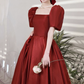 Burgundy Satin Long Prom Dresses, A-Line Short Sleeve Evening Dresses Y1170