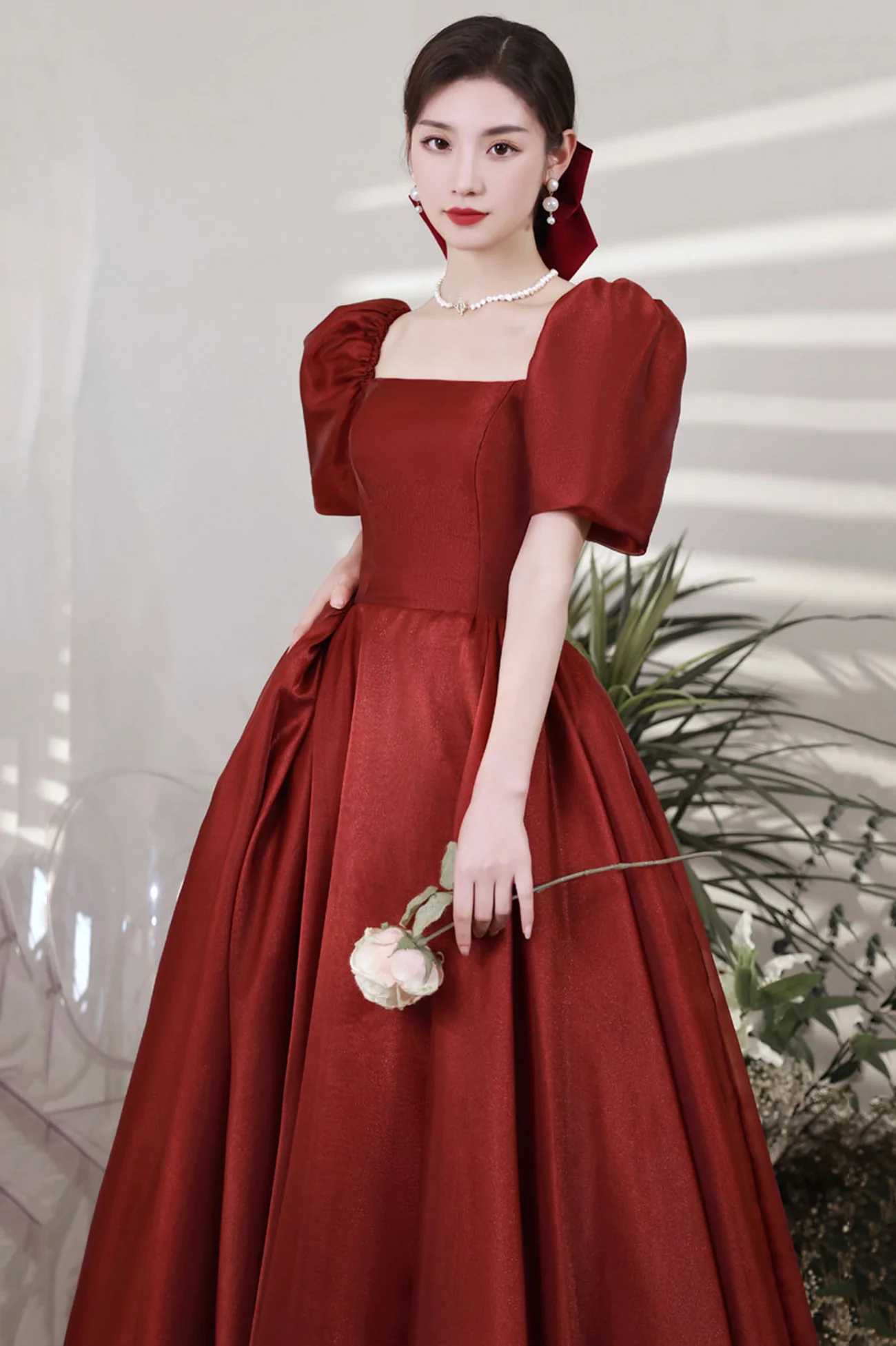 Burgundy Satin Long Prom Dresses, A-Line Short Sleeve Evening Dresses Y1170