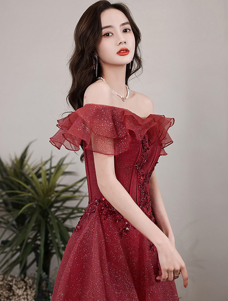 Chic Off Shoulder Sleeveless Burgundy Prom Dress Y1552