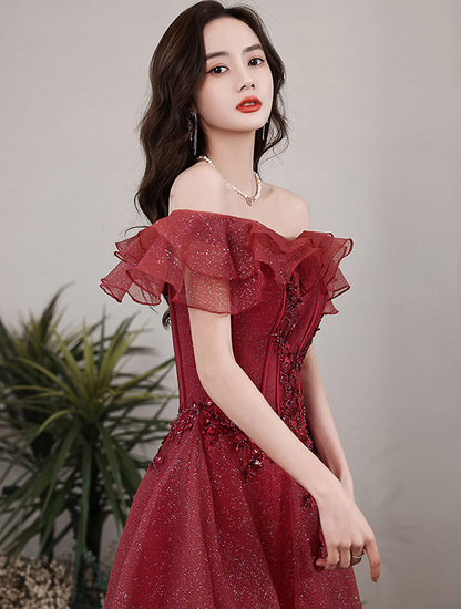 Chic Off Shoulder Sleeveless Burgundy Prom Dress Y1552