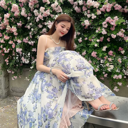 French Floral Dress Women's Summer Dress,Stuuning A-line Long Prom Dress  Y1454