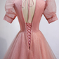 Pink V-Neck Tulle Long Prom Dresses, A-Line Short Sleeve Evening Dresses Y892