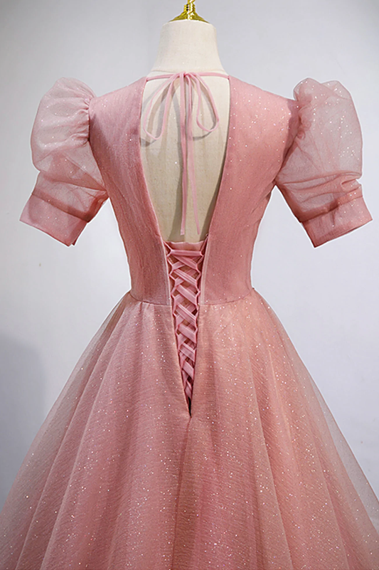 Pink V-Neck Tulle Long Prom Dresses, A-Line Short Sleeve Evening Dresses Y892