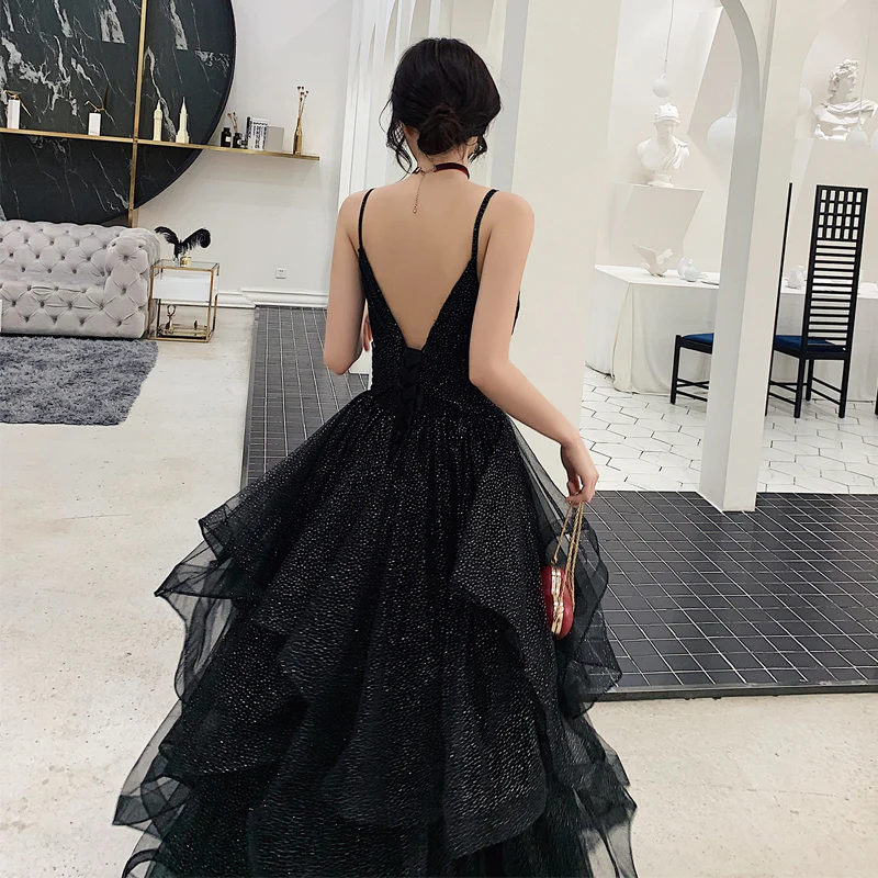 Black tulle sequins prom dress evening dress Y1021