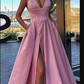 Different Colors A-line Satin Sleeveless Spaghetti Straps Slit Prom Dress  S7862