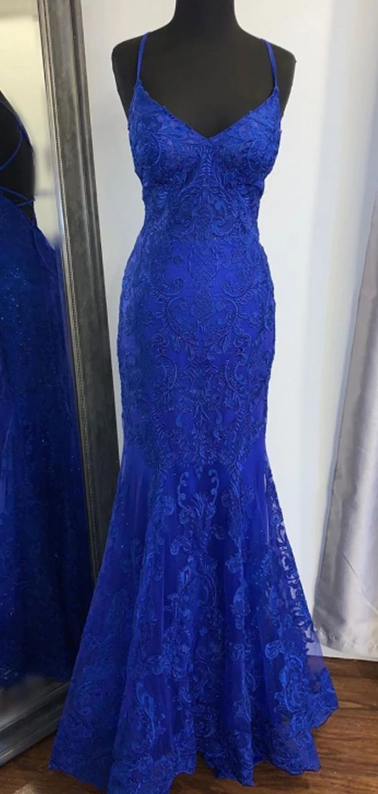 Elegant Mermaid V Neck Royal Blue Lace Evening Dress Y819