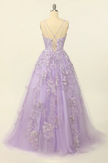 Gorgeous V-Neck Tulle Long Prom Dress with Lace Appliques Y33