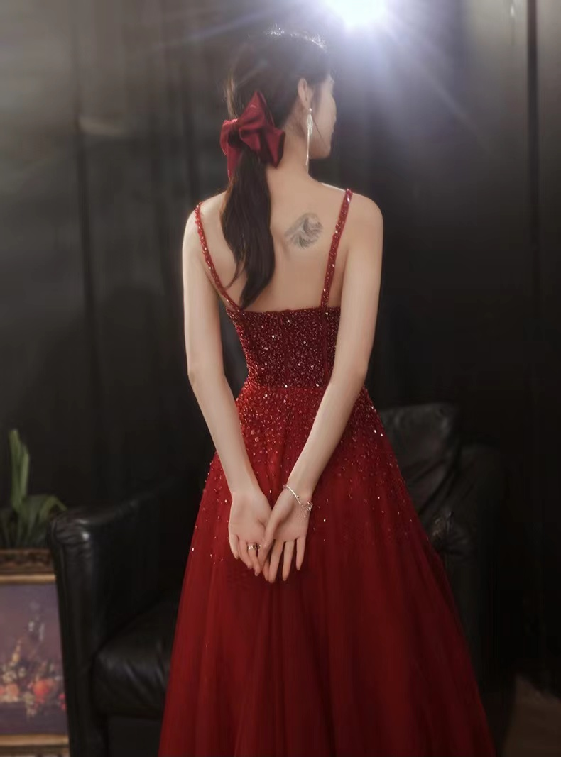 New elegant red classy sleeveless spaghetti strap party dress, heavy bead evening dress Y816