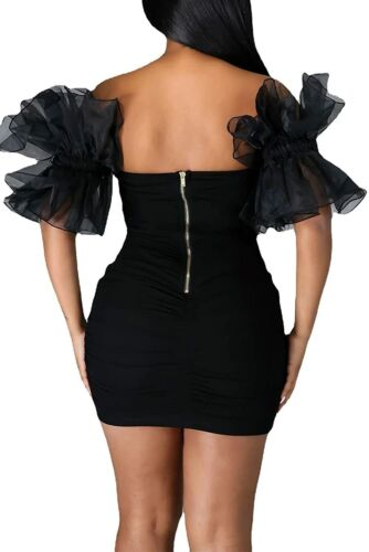 Women Sexy Puff Sleeve Ruffles Dress Mesh Off Shoulder Mini Party Dress,Short Black Homecoming Dress Y786