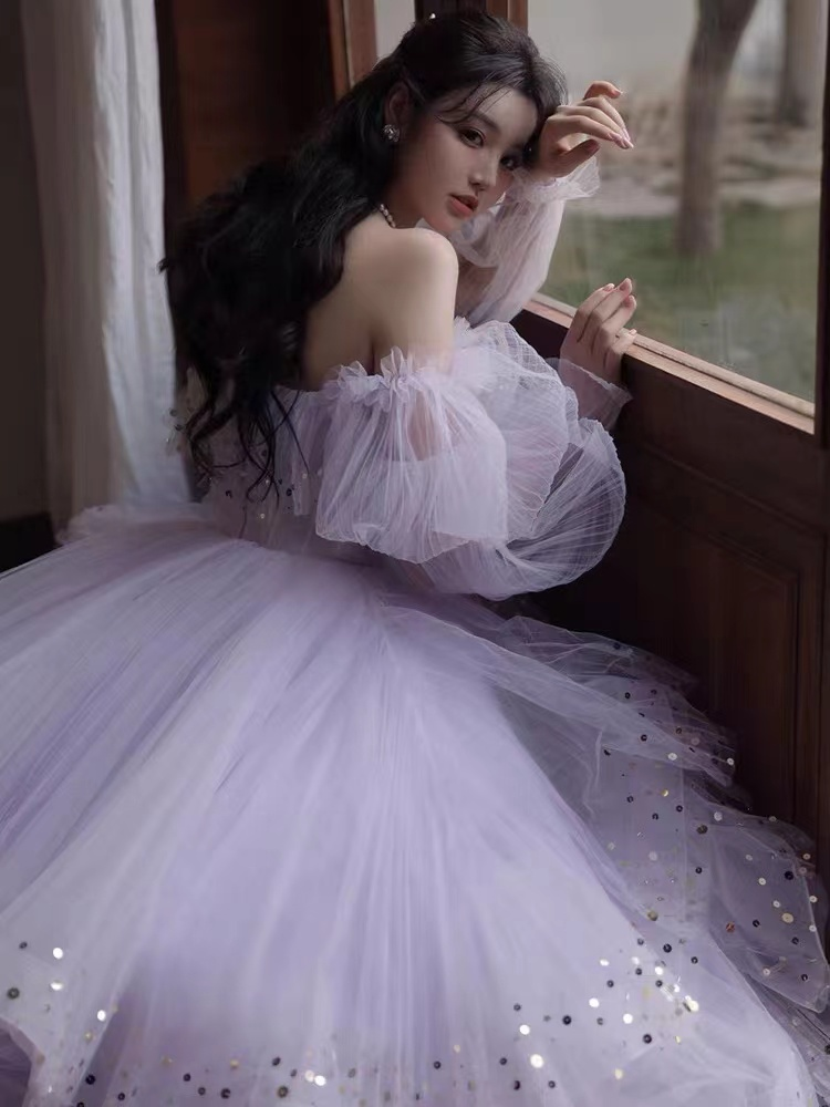 sparkly prom dresses, purple prom dresses, off the shoulder prom dresses, long sleeve prom dresses, tulle prom dress Y507