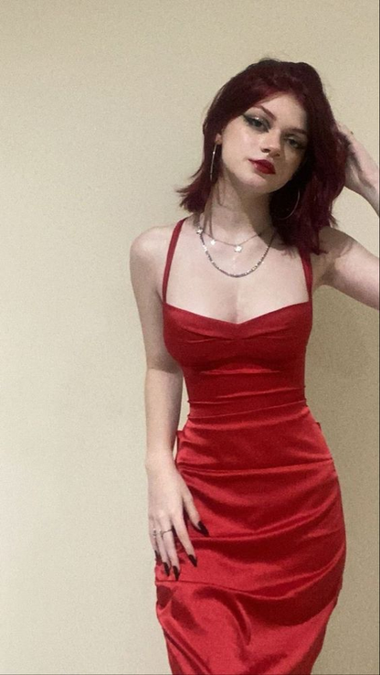 Red Sleeveless Satin Long Prom Dress Elegant Formal Gown Y694
