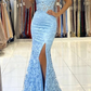 Mermaid V Neck Backless Blue Lace Long Prom Dress, Mermaid Blue Lace Formal Dress, Blue Lace Evening Dress Y1465