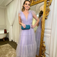 Charming A-line Hot Pink Tulle Long Formal Dress,V Neck Prom Dress  Y1882