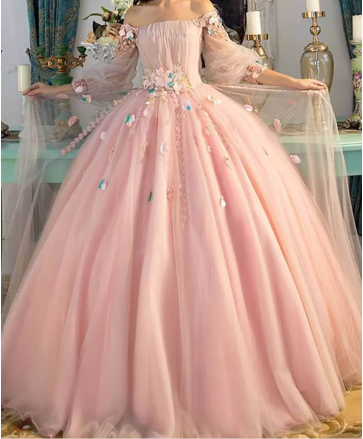 Long Sleeve Prom Dresses, Pearl Pink Ball Gown Long Floral Fairy Prom Dress S24387
