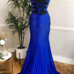 Royal Blue Beaded Cowl Neck Mermaid Long Prom Dress Y1000
