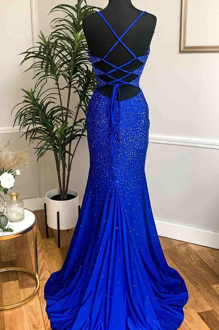 Royal Blue Beaded Cowl Neck Mermaid Long Prom Dress Y1000