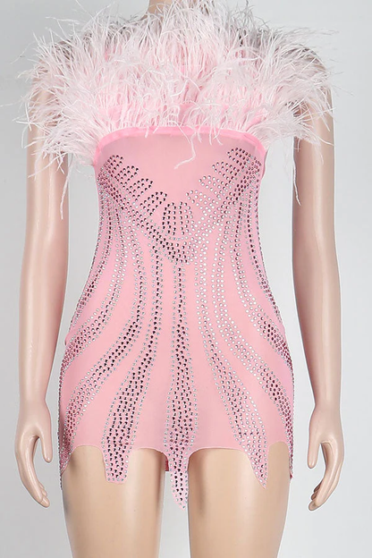 Rhinestone Girly Fluffy Mini Dress,Pink Bodycon Dress,Short Homecoming Dress Y781