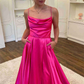Cowl Neck Green Satin A-Line Formal Dress with Slit,Modest Prom Dress Y1884
